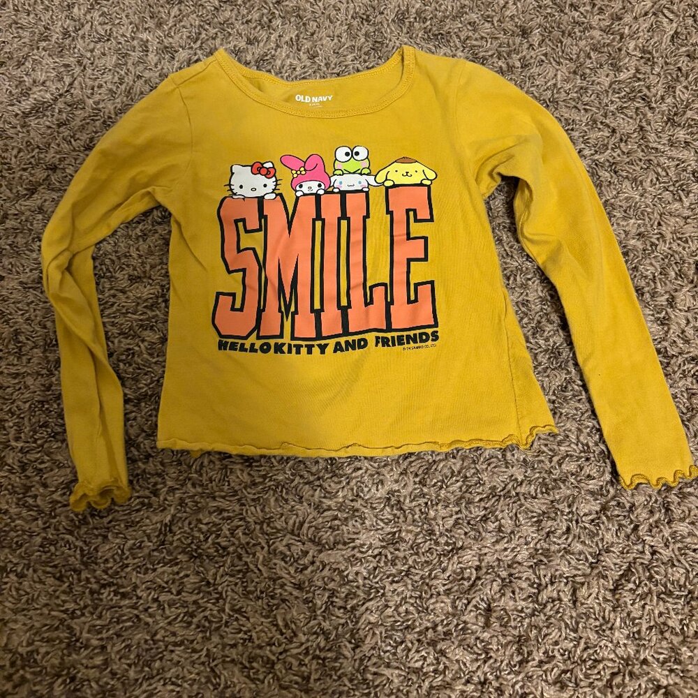 Hello Kitty and Friend T Shirt Small 6-7 Old Navy Long Sleeve Yellow Lettuce Hem